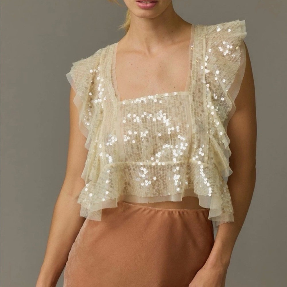 NWT Anthropologie Sequin Ruffled Tank Tie-Back Ivory Cream Size Medium